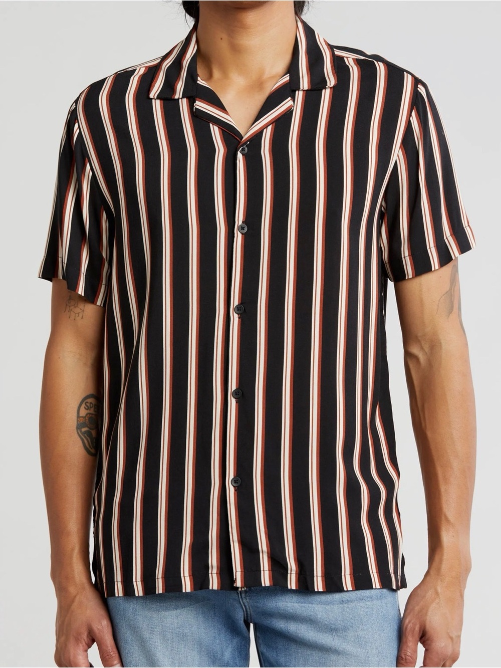 Denim & Flower Vertical Stripes Short Sleeve Button Up - Size: Large